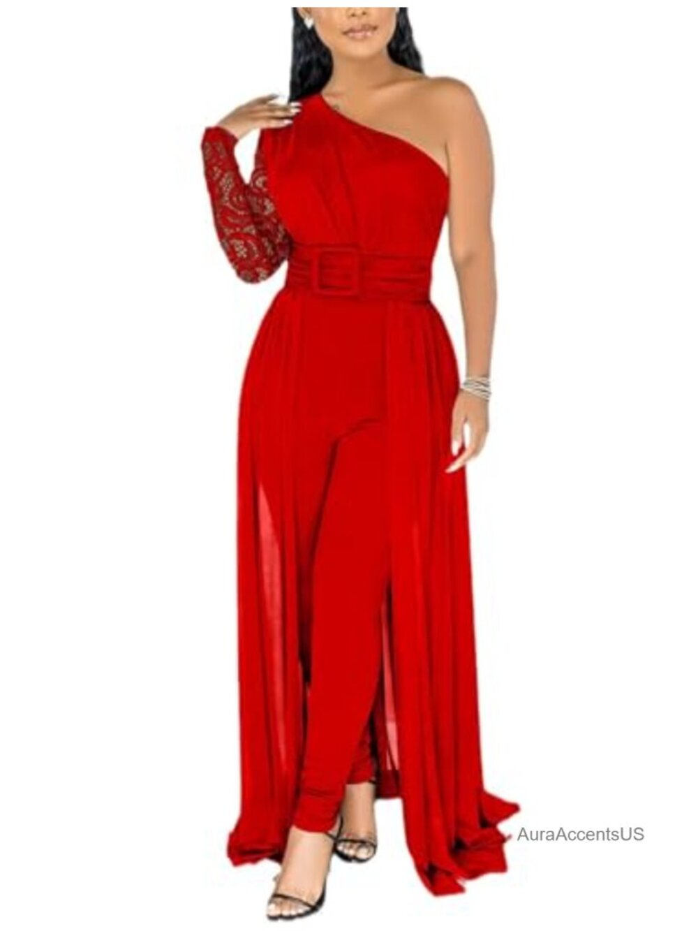 Elegant Lace One Shoulder Bodycon Jumpsuit Long Sleeve Party Romper